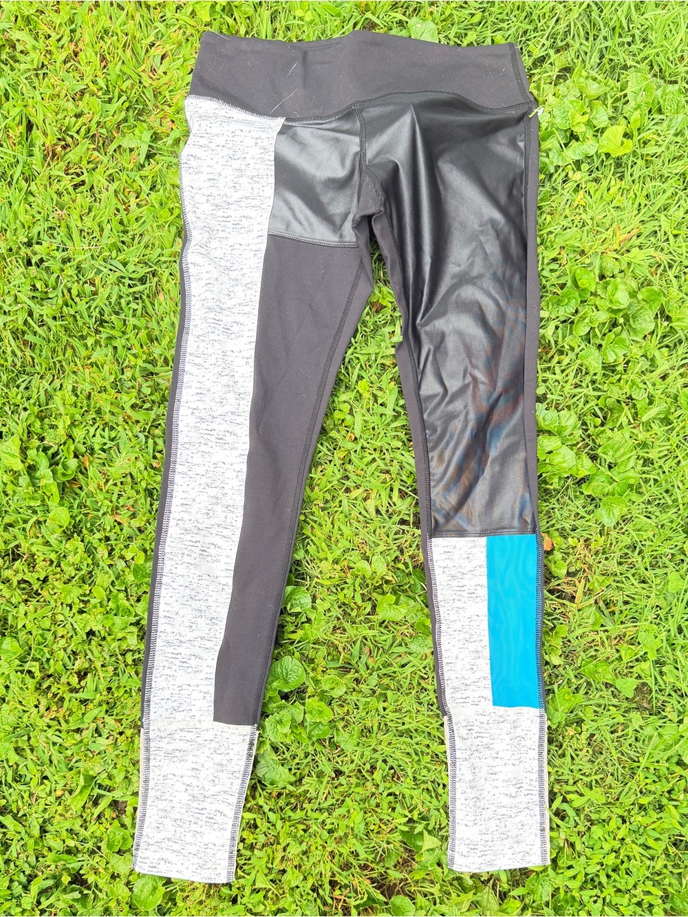 Colorblock High-Waist Leggings in Black, Heather Gray & Blue Accent